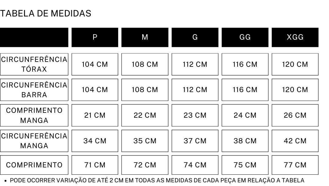 tabela medidas - camisa pato na lagoa
